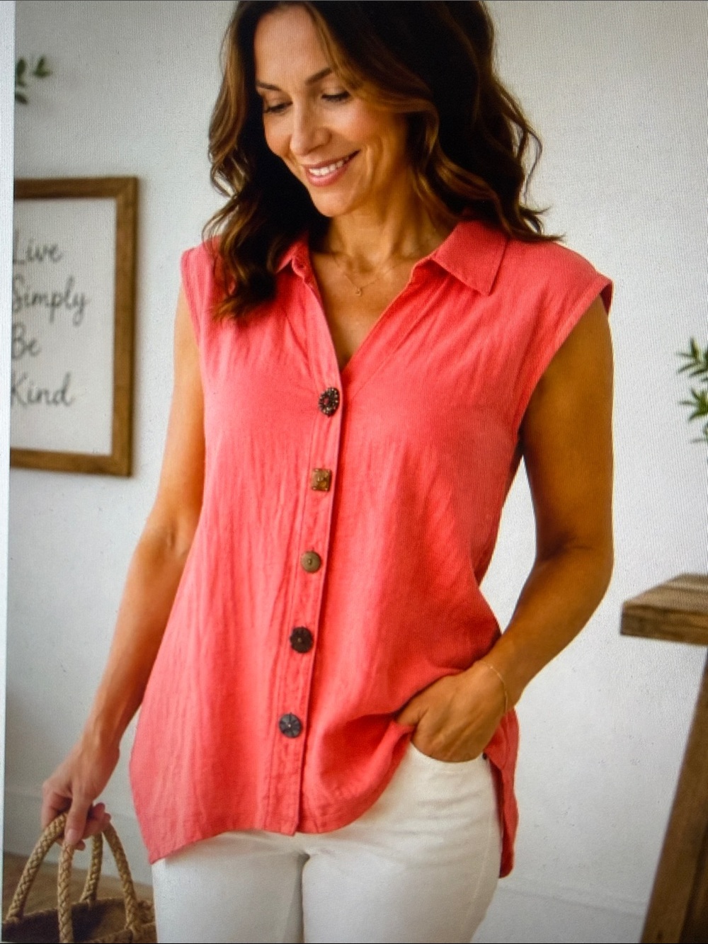Soft Surroundings Danielle Coral-Red Sleeveless Decorative Button Front Tunic M